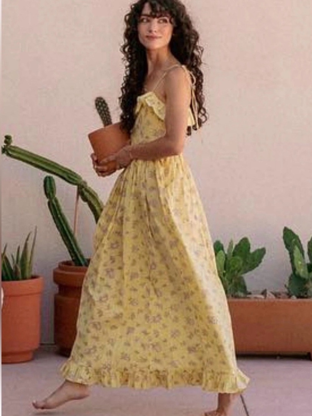 DÔEN Wendelin Sunshine Bouton de Rose Yellow Floral Ruffle Maxi Dress XXL